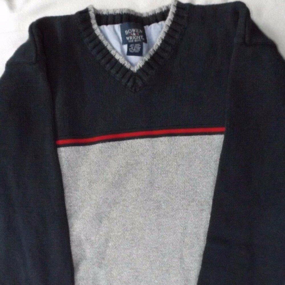 BOWEN & WRIGHT FOR BOYS Size L 16 - 18 V neck Sweater Navy Blue Gray